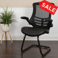 Flash Furniture BL-X-5C-BK-LEA-GG Black Mesh Sled Base Side Reception Chair with White Stitched LeatherSoft Seat and Flip-Up Arms